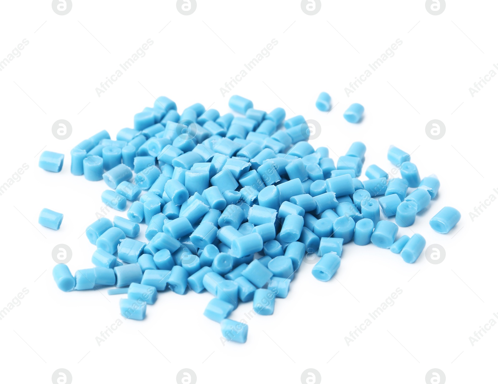 Photo of Pile of light blue plastic granules isolated on white