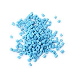 Photo of Pile of light blue plastic granules isolated on white, top view