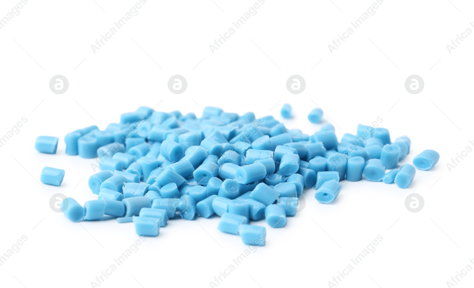 Photo of Pile of light blue plastic granules isolated on white