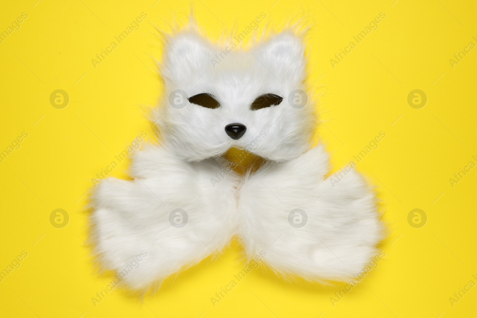 Photo of Quadrobics. Cat mask and gloves on yellow background, top view