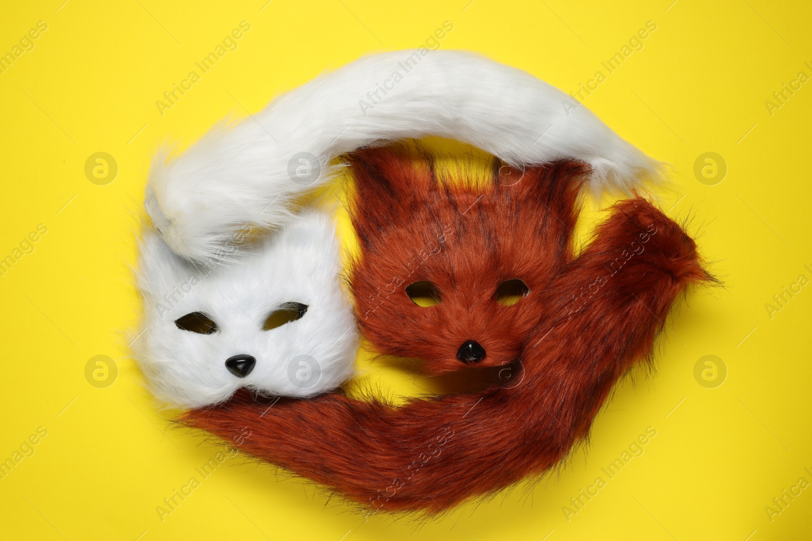 Photo of Quadrobics. Fox and cat masks with tails on yellow background, top view