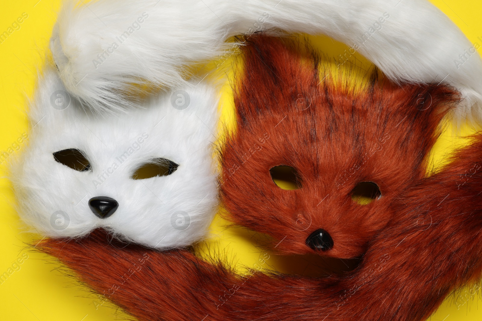 Photo of Quadrobics. Fox and cat masks with tails on yellow background, top view