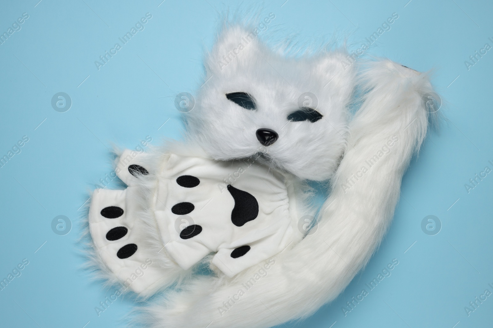 Photo of Quadrobics. Cat mask, tail and gloves on light blue background, top view