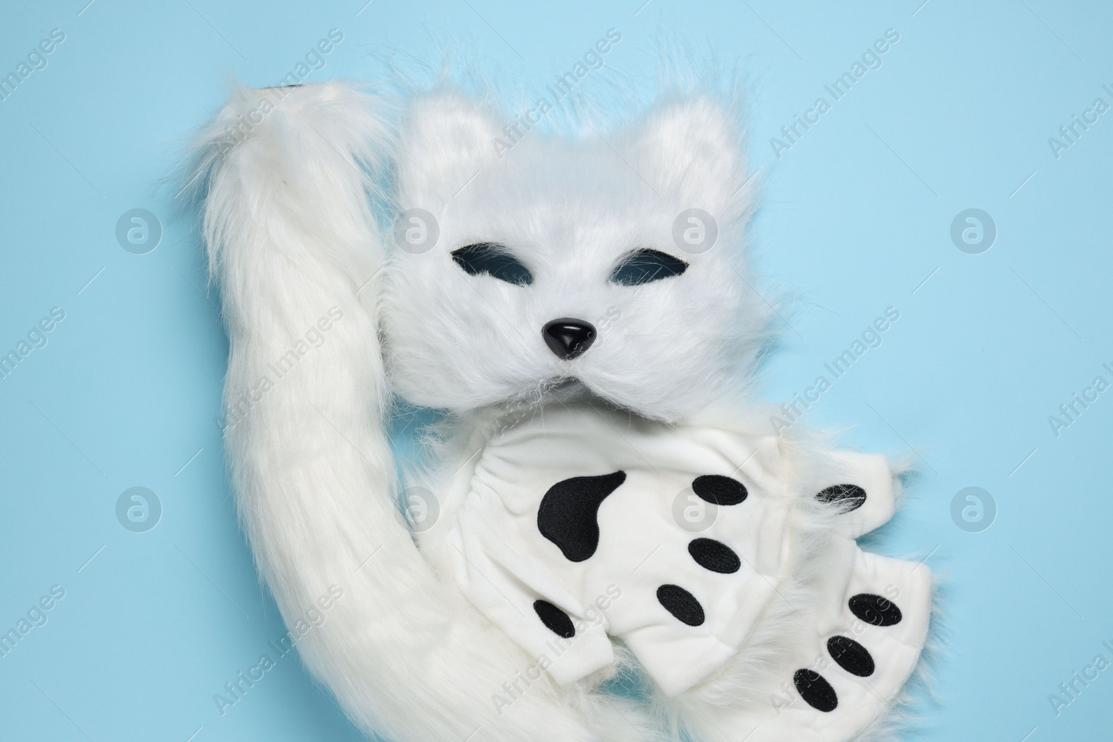 Photo of Quadrobics. Cat mask, tail and gloves on light blue background, top view