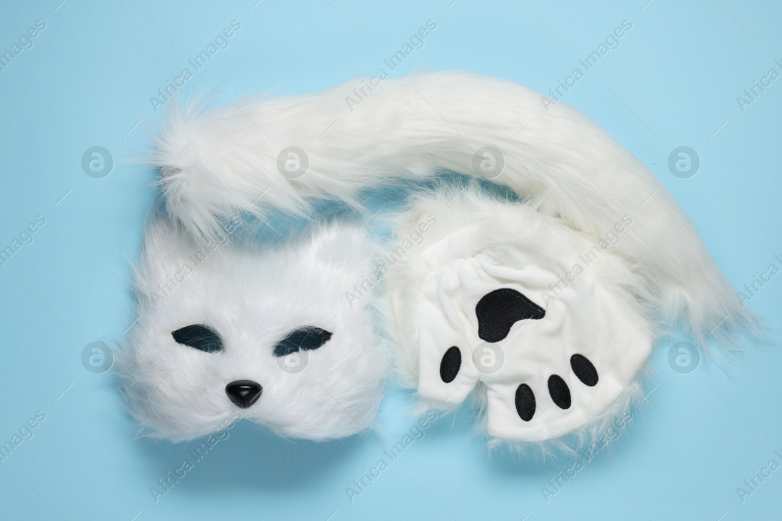 Photo of Quadrobics. Cat mask, tail and gloves on light blue background, top view