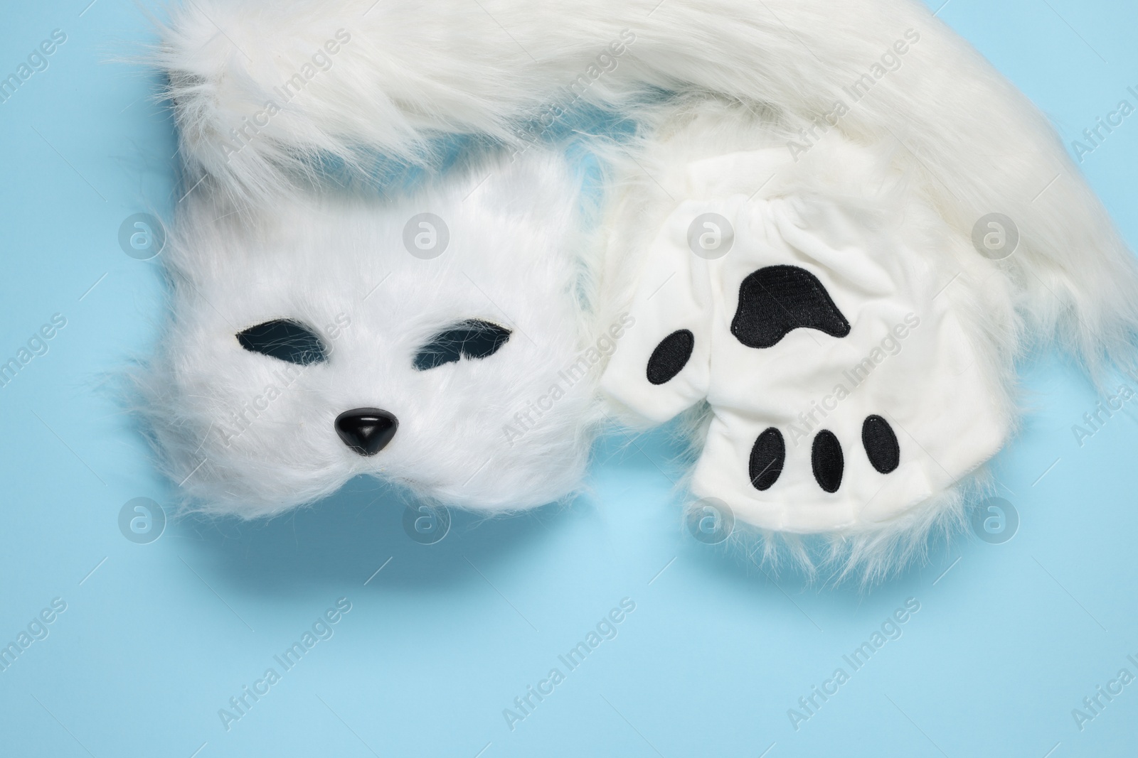 Photo of Quadrobics. Cat mask, tail and gloves on light blue background, top view