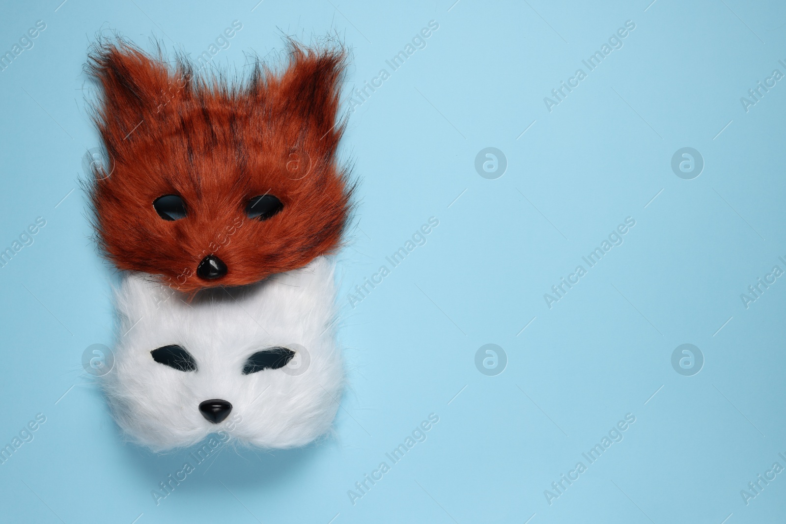 Photo of Quadrobics. Fox and cat masks on light blue background, top view. Space for text