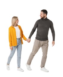 Man and woman walking on white background