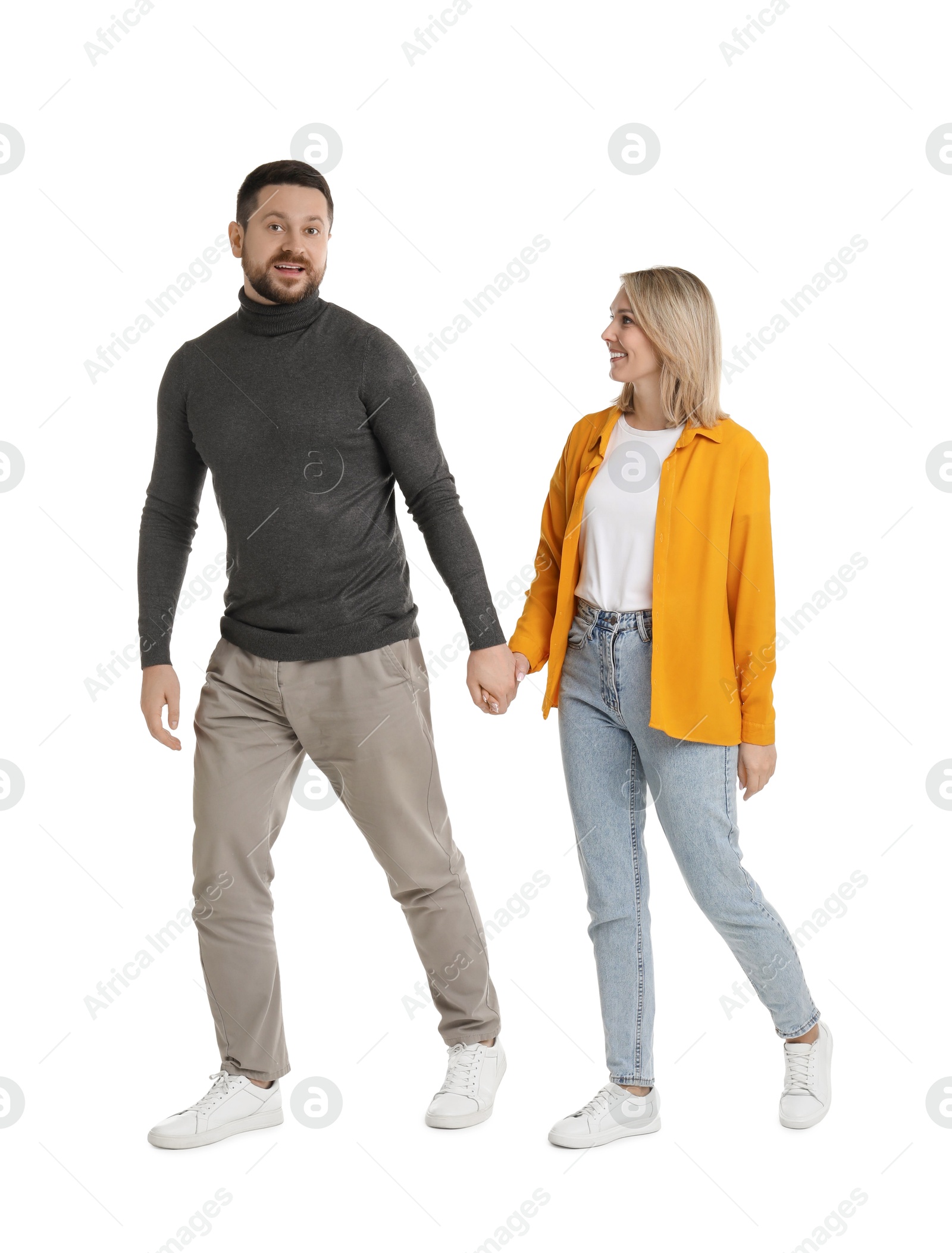 Photo of Man and woman walking on white background