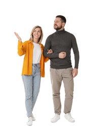 Man and woman walking on white background