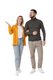 Photo of Man and woman walking on white background