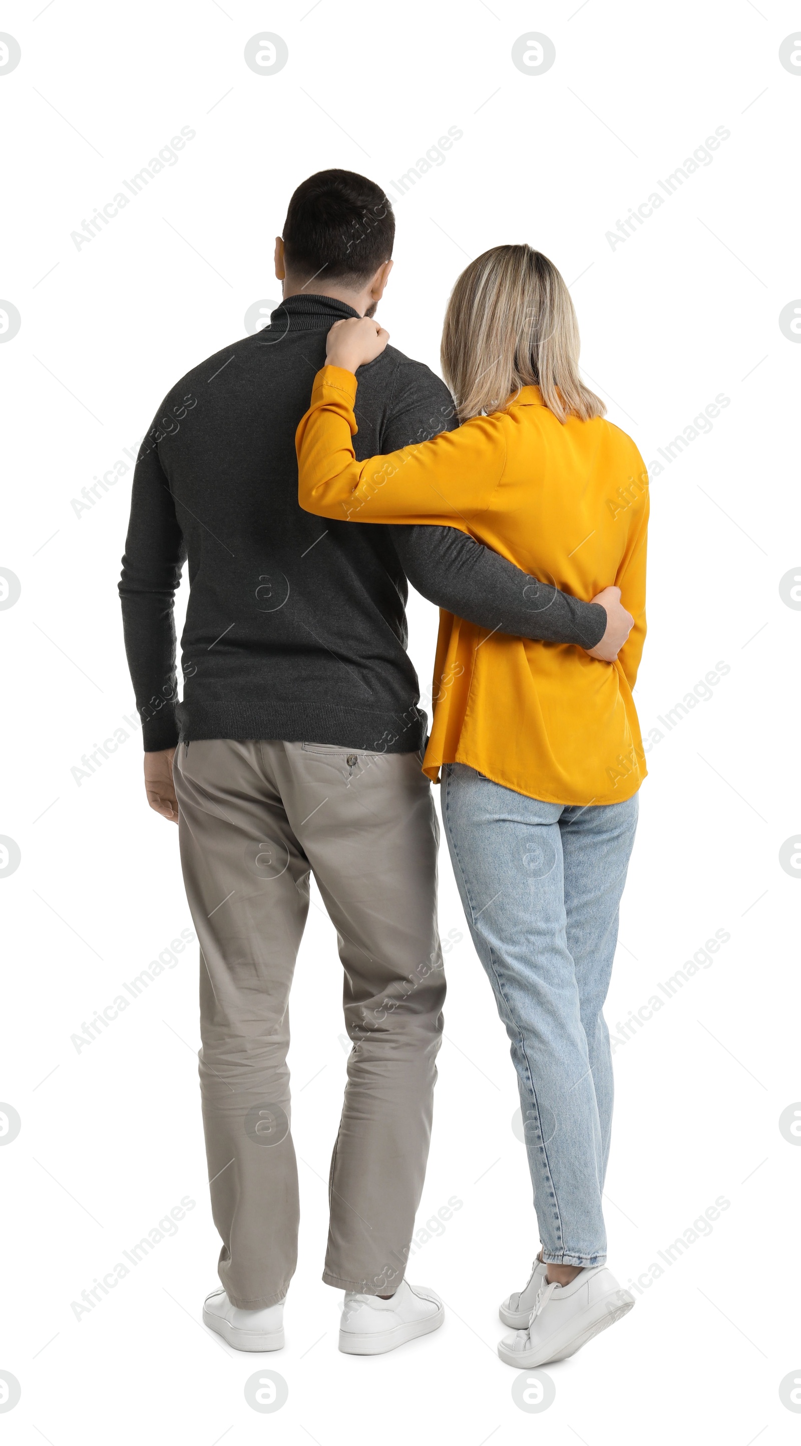 Photo of Man and woman on white background, back view