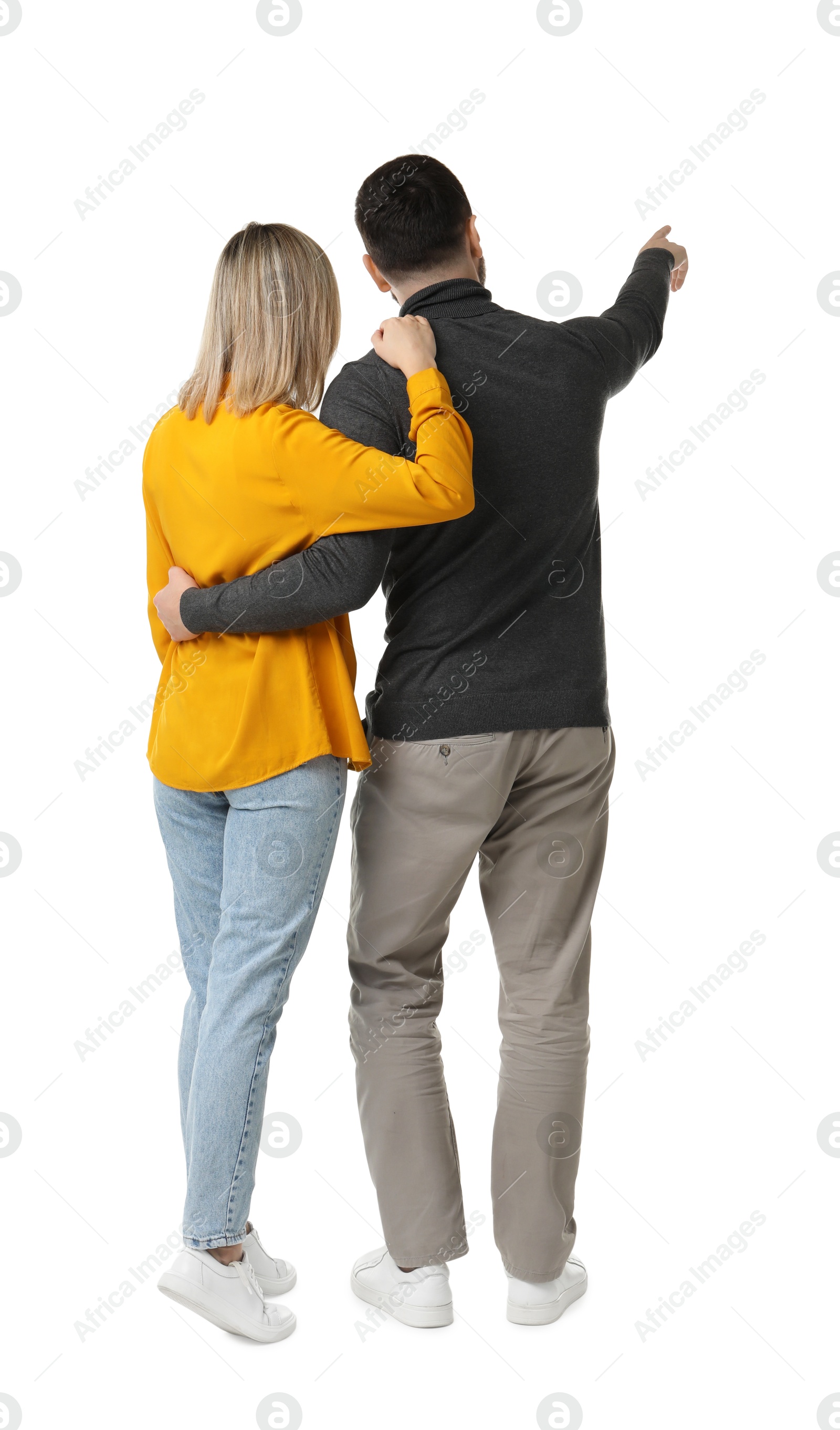 Photo of Man and woman on white background, back view