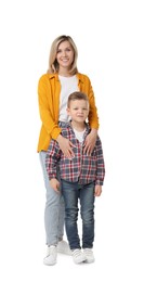 Happy mother with her cute little son on white background