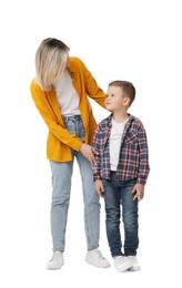 Mother with her cute little son on white background