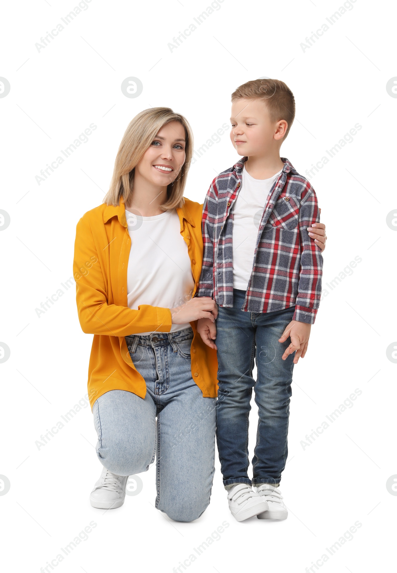 Photo of Happy mother with her cute little son on white background