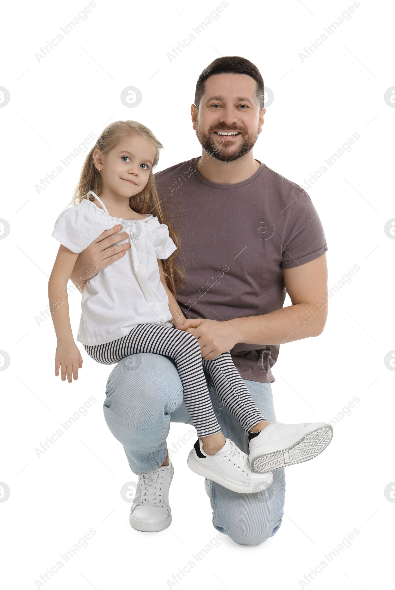 Photo of Happy father and his cute little daughter on white background