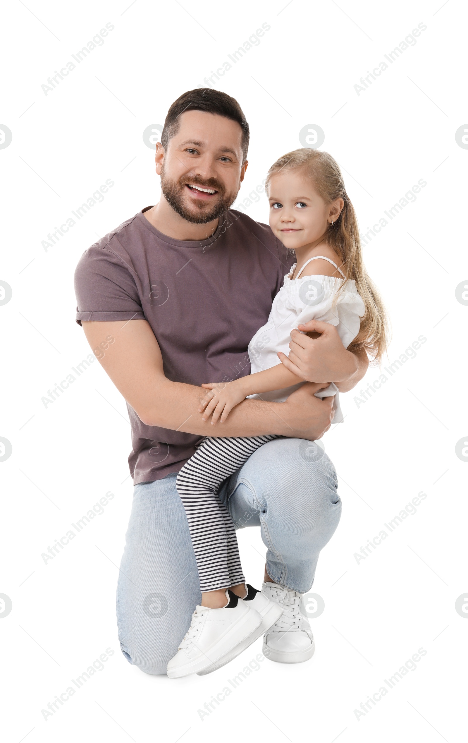 Photo of Happy father and his cute little daughter on white background