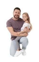 Happy father and his cute little daughter on white background