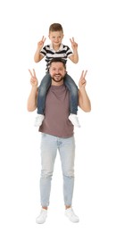 Happy father and his cute little son showing V-sign on white background