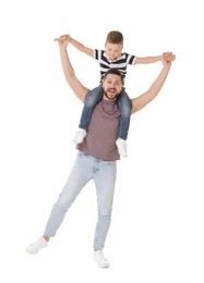 Happy father and his cute little son on white background