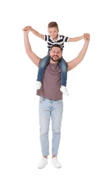 Happy father and his cute little son on white background