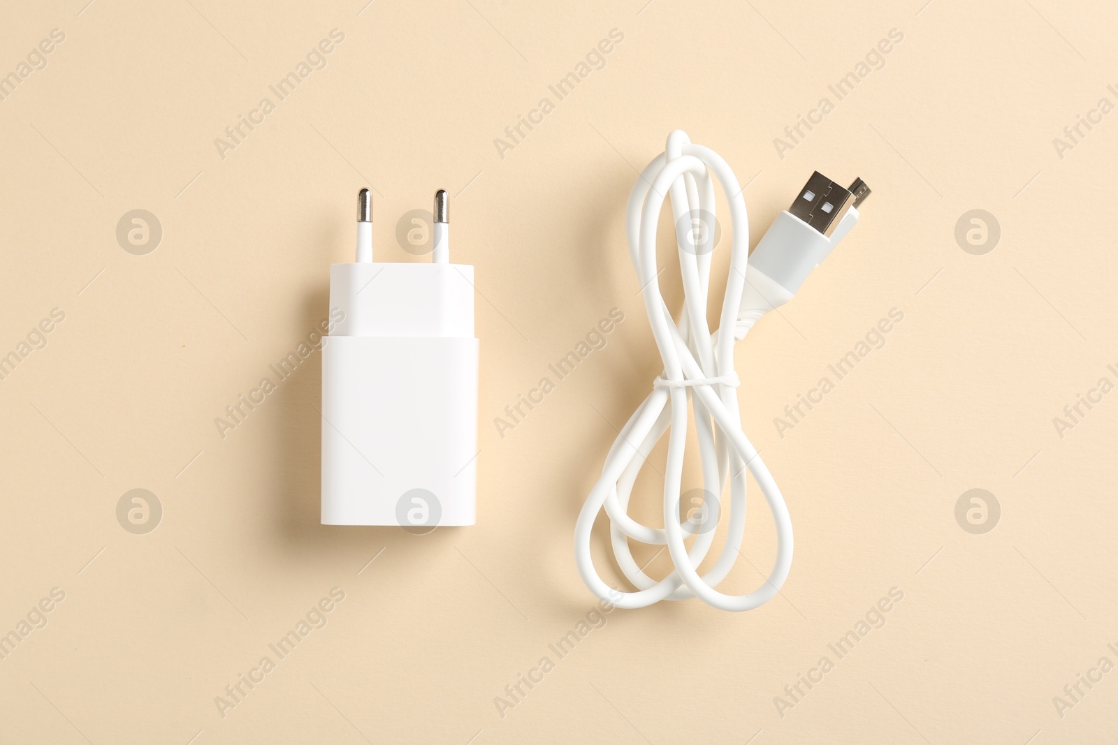 Photo of USB power adapter and charge cable on beige background, flat lay