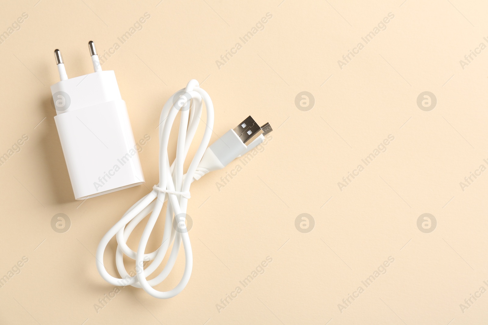 Photo of USB power adapter and charge cable on beige background, flat lay. Space for text