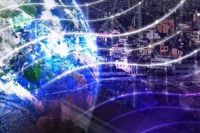 Image of Virtual network covering city, double exposure with globe. Connection and communication