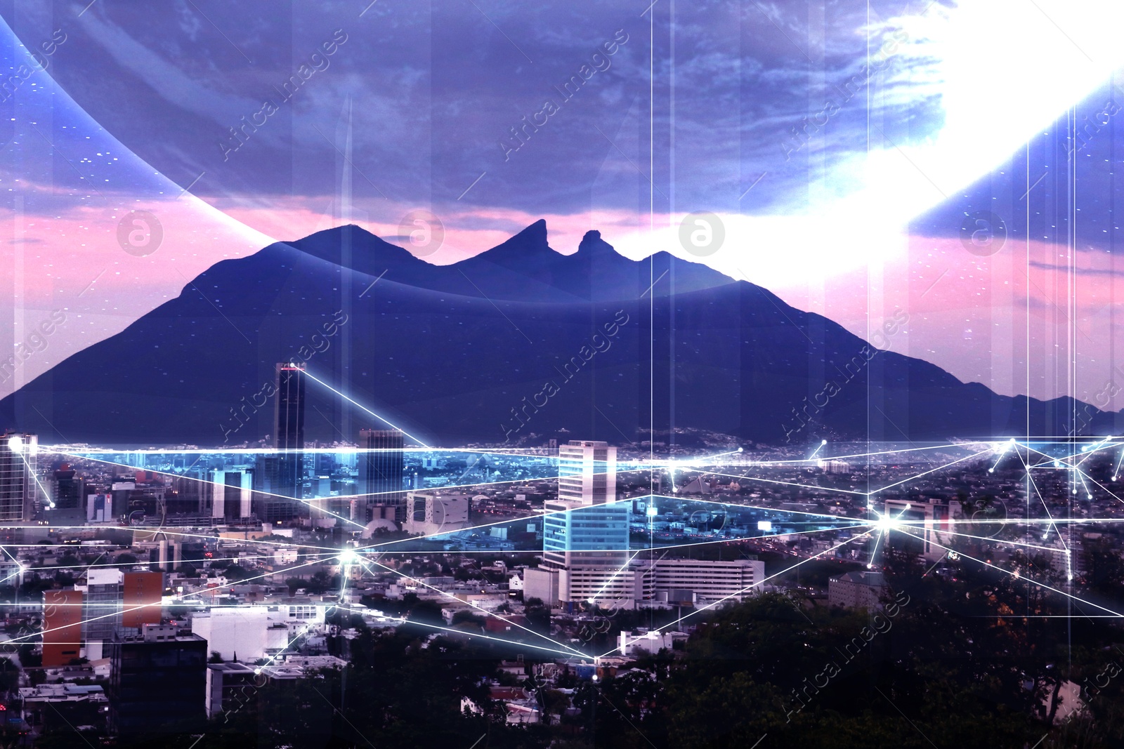 Image of Virtual network covering city, double exposure with globe. Connection and communication