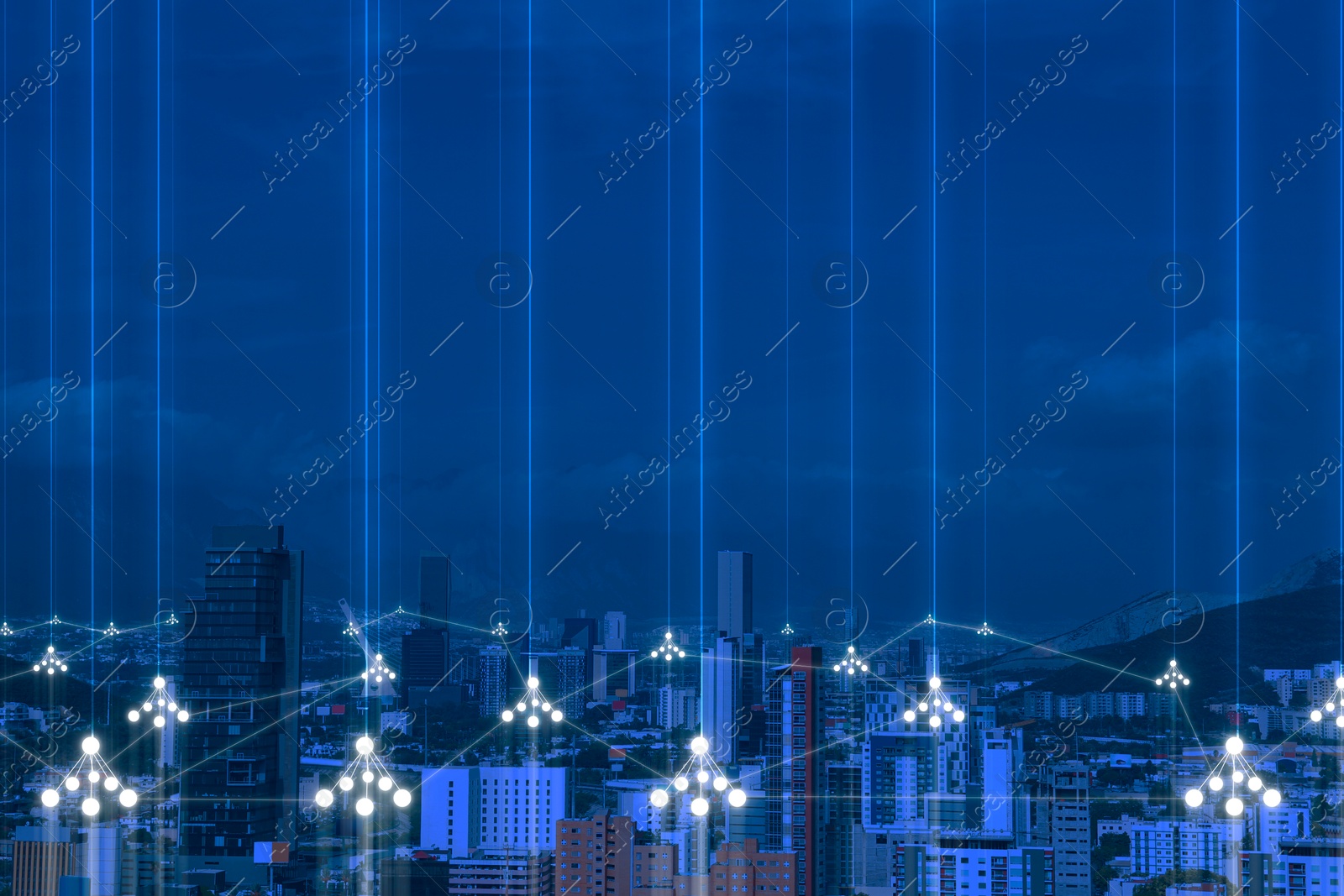 Image of Virtual network covering city. Connection and communication