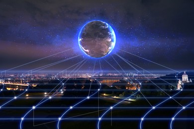 Image of Virtual network over city connected to globe above. Connection and communication