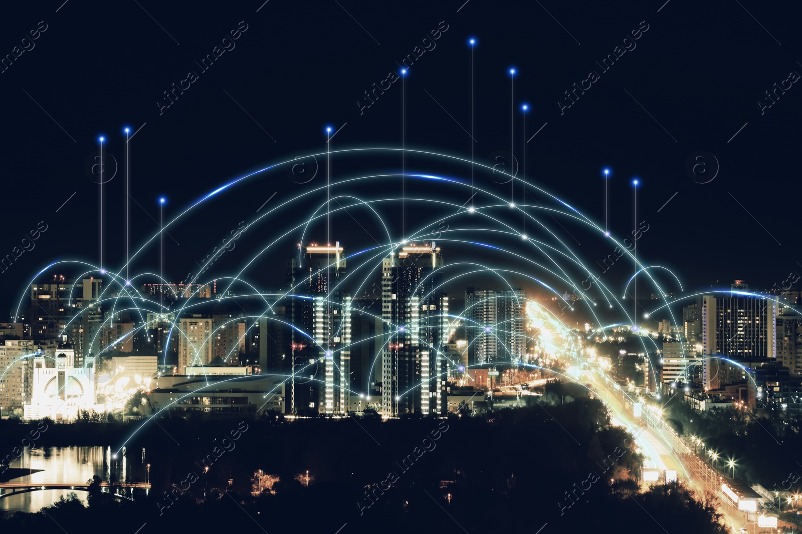 Image of Virtual network over city. Connection and communication