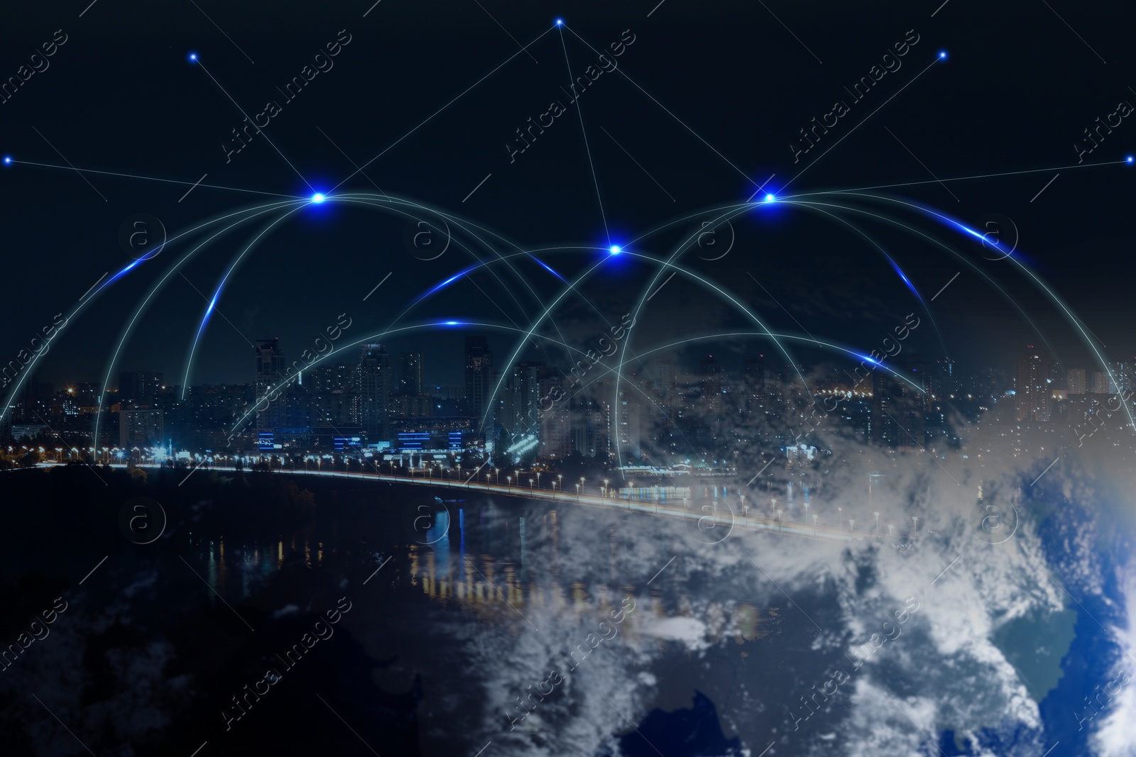 Image of Virtual network covering city, double exposure with globe. Connection and communication