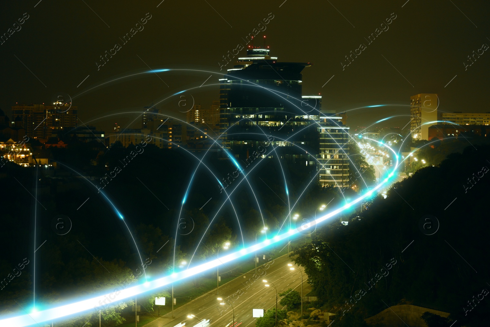 Image of Virtual network covering city. Connection and communication