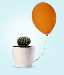 Image of Prickly cactus and orange balloon on light blue background