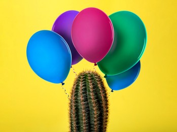 Image of Prickly cactus and colorful balloons on yellow background