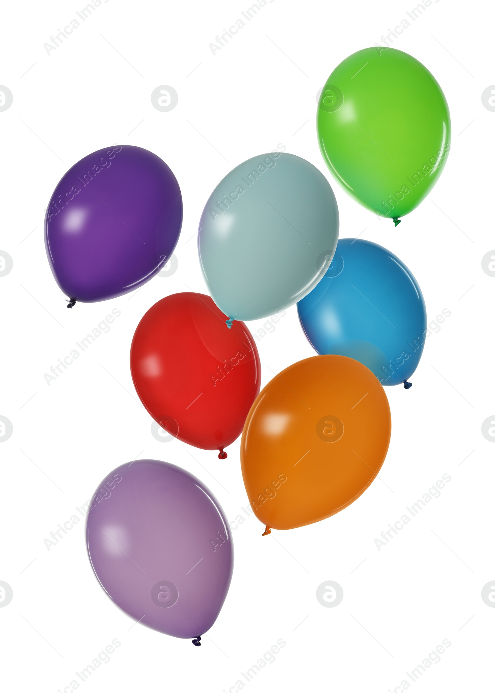 Image of Many colorful balloons in air on white background. Birthday or other party decoration