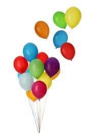 Image of Many colorful balloons in air on white background. Birthday or other party decoration