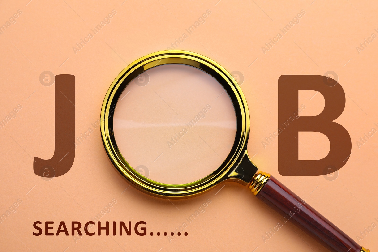 Image of Job search concept. Magnifying glass instead of letter O on dark beige background, top view