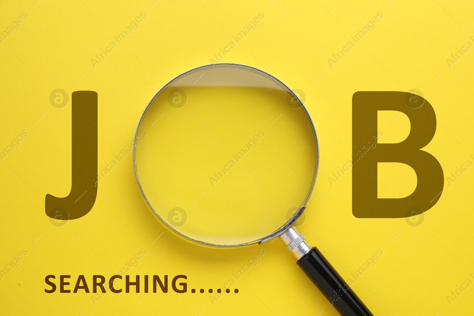 Image of Job search concept. Magnifying glass instead of letter O on yellow background, top view