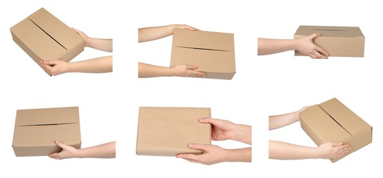 Image of Woman holding parcel on white background, closeup. Collage