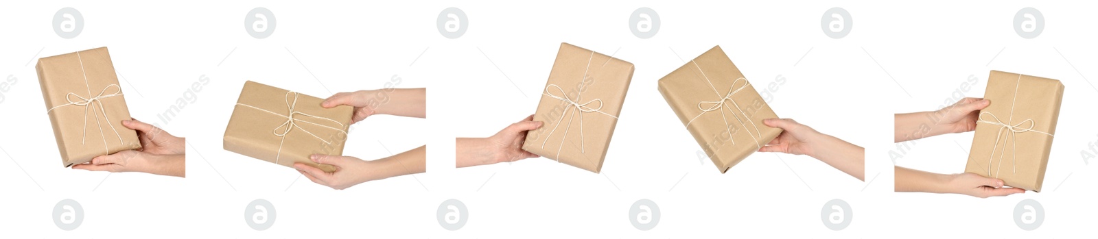 Image of Woman holding parcel on white background, closeup. Collage