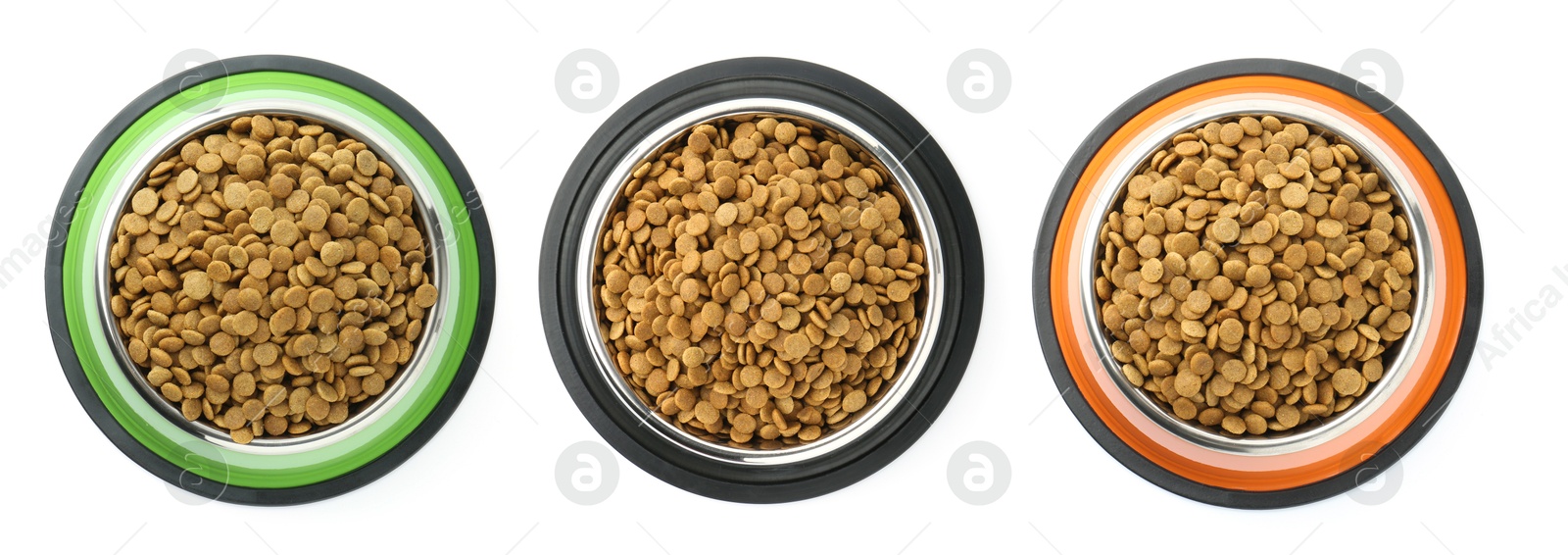 Image of Dry pet food for dogs in feeding bowls isolated on white, top view