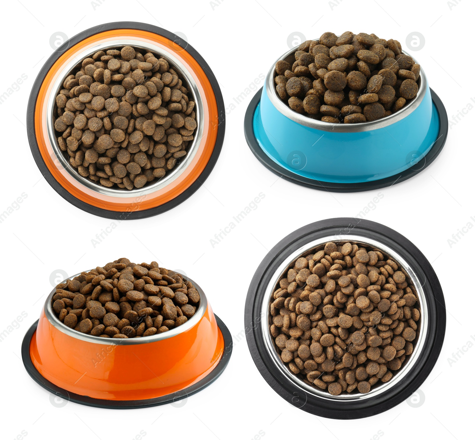 Image of Dry pet food for dogs in feeding bowls isolated on white, top and side views