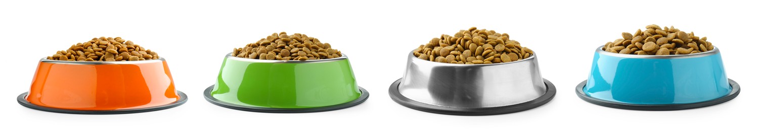 Image of Dry pet food for dogs in feeding bowls isolated on white, set