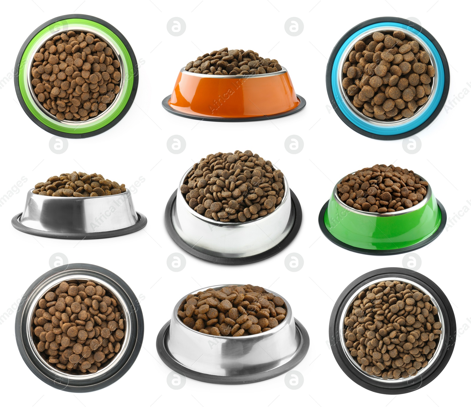 Image of Dry pet food for dogs in feeding bowls isolated on white, top and side views