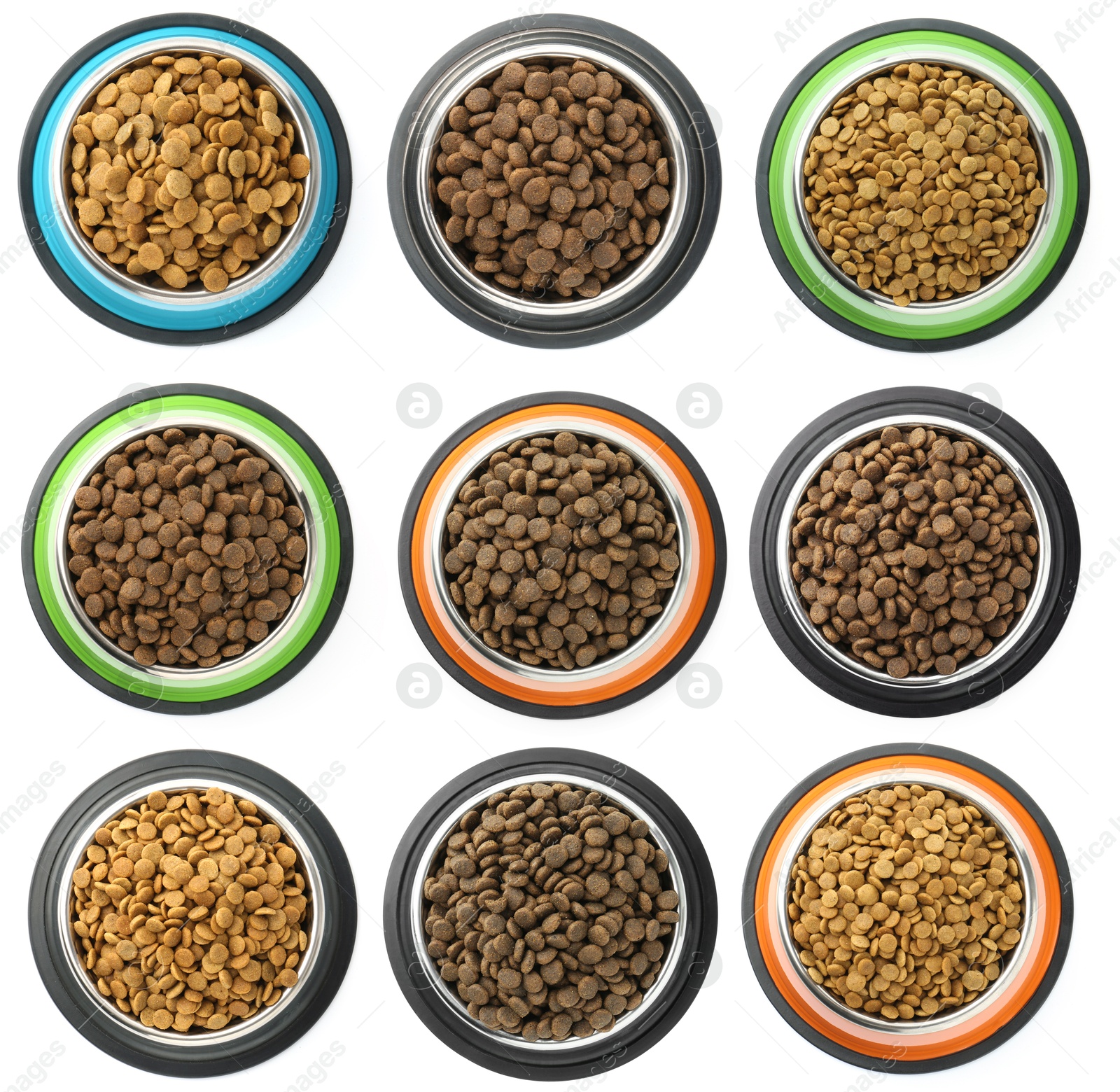 Image of Dry pet food for dogs in feeding bowls isolated on white, top view