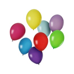 Image of Many colorful balloons in air on white background. Birthday or other party decoration