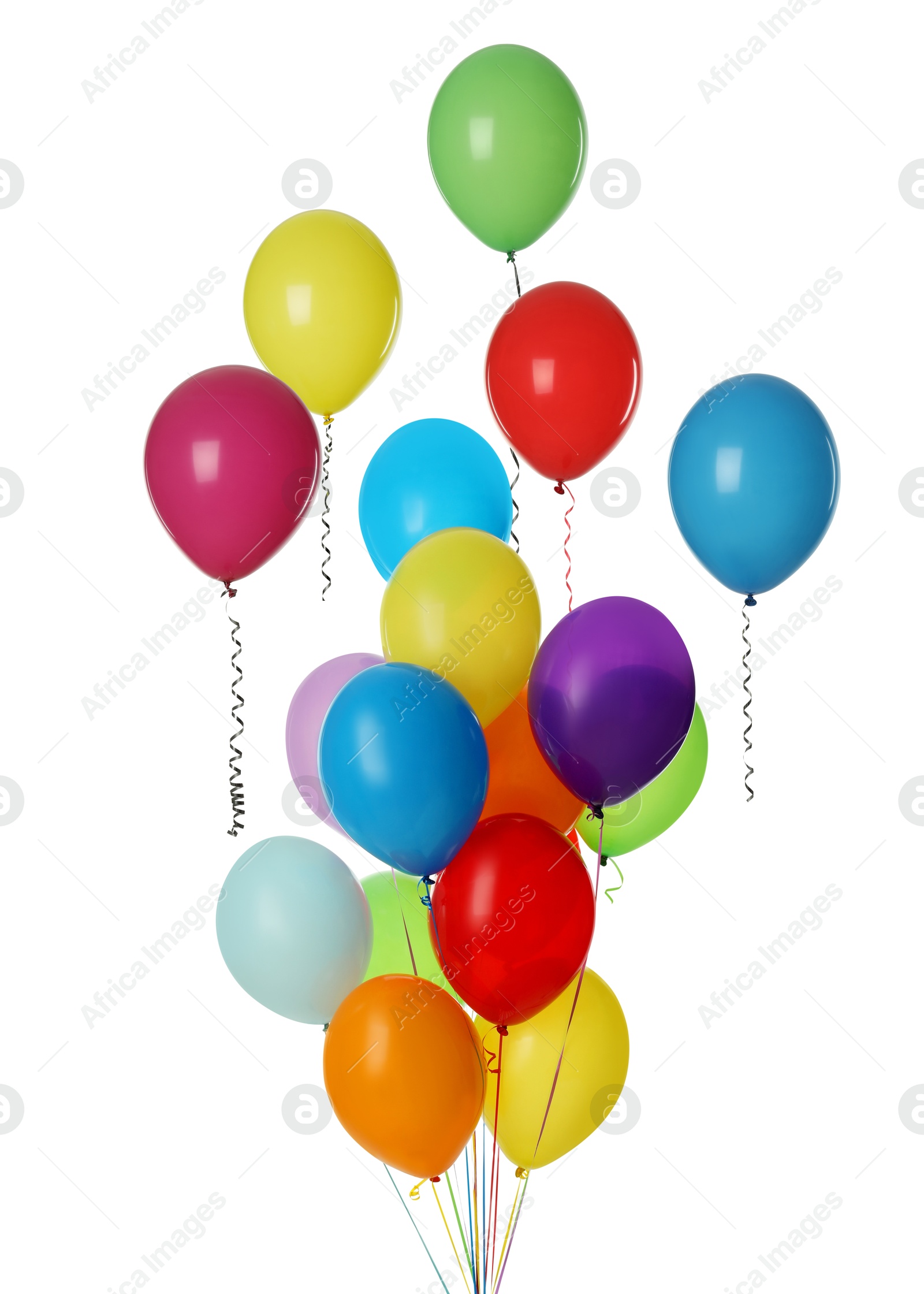 Image of Many colorful balloons in air on white background. Birthday or other party decoration